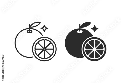 Orange fruit icon set with slice and sparkle accents