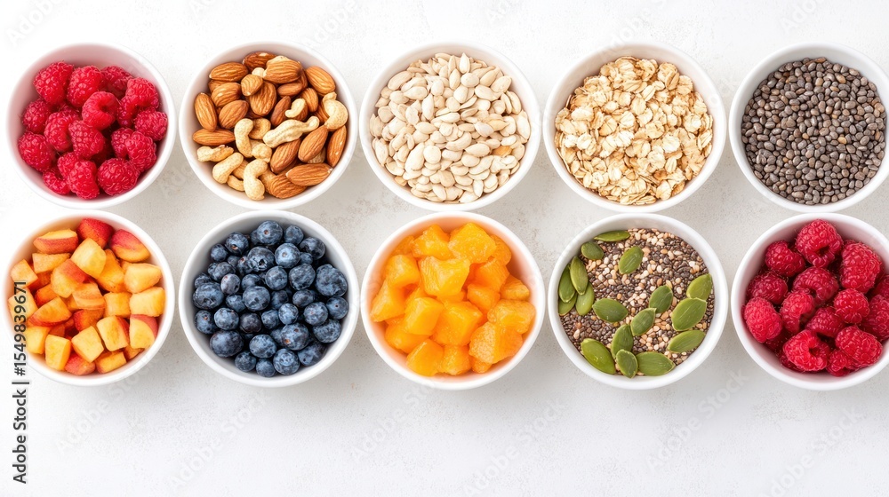 A vibrant array of fresh fruits and nuts displayed in bowls, showcasing healthy and colorful snack options. A vibrant array of fresh fruits and nuts displayed in bowls, showcasing healthy and colorful snack options.