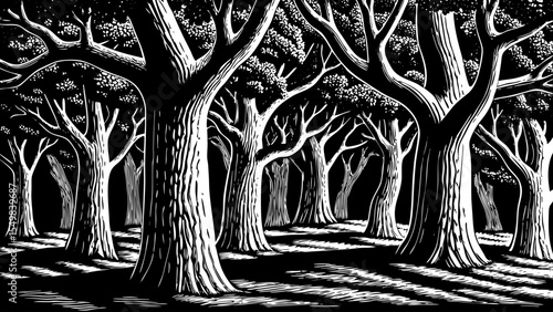 Oak trees with sprawling branches and textured bark, a black and white sketch vector hand drawn