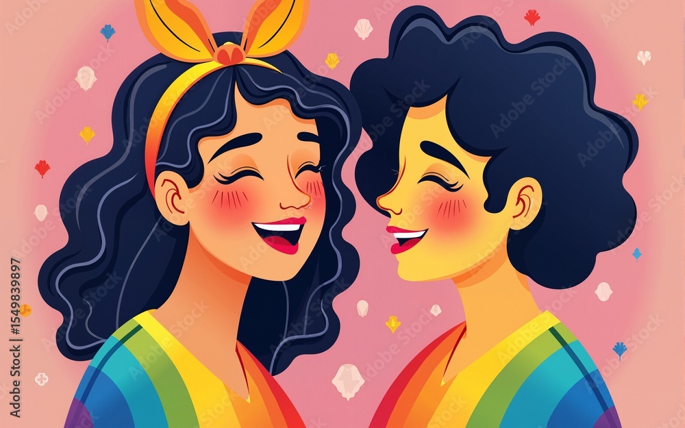 Colorful graphic design shows two faces celebrating diversity and inclusion for Pride Month, featuring a rainbow flag motif. High quality Colorful graphic design shows two faces celebrating diversity and inclusion for Pride Month, featuring a rainbow flag motif. High quality