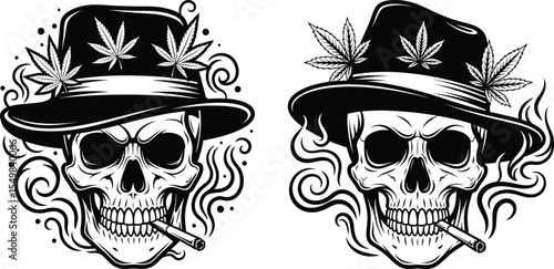Skulls with Hat and Cannabis Leaves, Smoking Cigarette Black and White Vectors