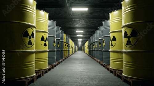 Radioactive waste is stored in barrels, visualized in a 3D rendering of a nuclear repository.