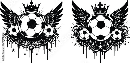Soccer Ball Crown, Wing Emblems with Splatter Graphics, Sporty Decorative Illustration