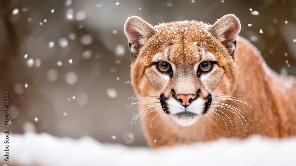 Obraz premium A stunning close-up of a puma in a snowy environment, showcasing its striking features and fierce beauty, embodying the essence of wilderness and nature's magnificence.