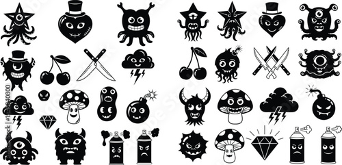 Spooky Cute Icons Monsters, Bombs, Cherries, Mushrooms, and Spray Cans Collection
