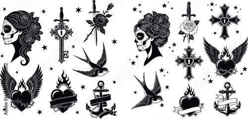 Tattoo Flash Sheet with Sugar Skulls, Roses, Daggers, Hearts, Birds, Crosses, and Anchors