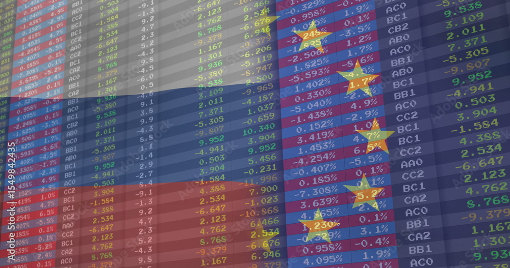 Fototapeta premium Displaying financial data grid with alphanumeric codes, percent values on screen with yellow stars