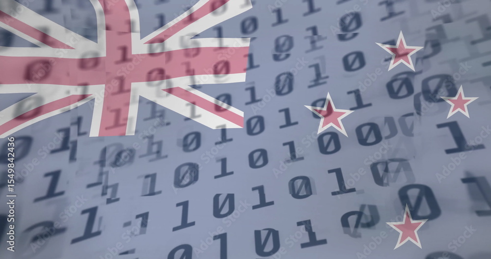 Fototapeta premium Displaying graphic overlaying binary code grid in data matrix, featuring Union Jack and red stars