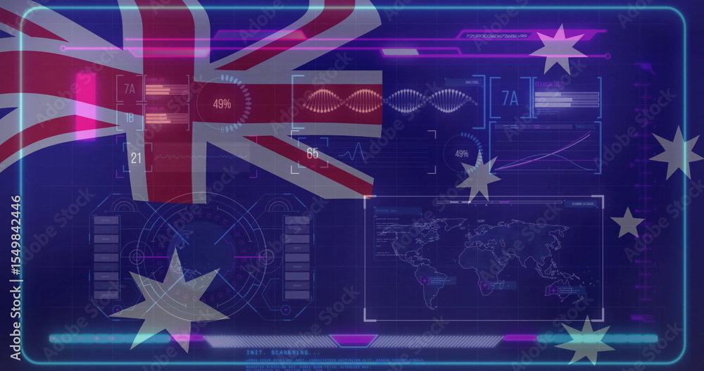 Fototapeta premium Displaying holographic interface on dark blue grid, with Australian flag pie chart and waveform
