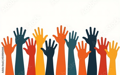 Stylized vintage poster with an array of colorful hands raised on a stark white background, emphasizing themes of unity and diversity in a retro design. High quality