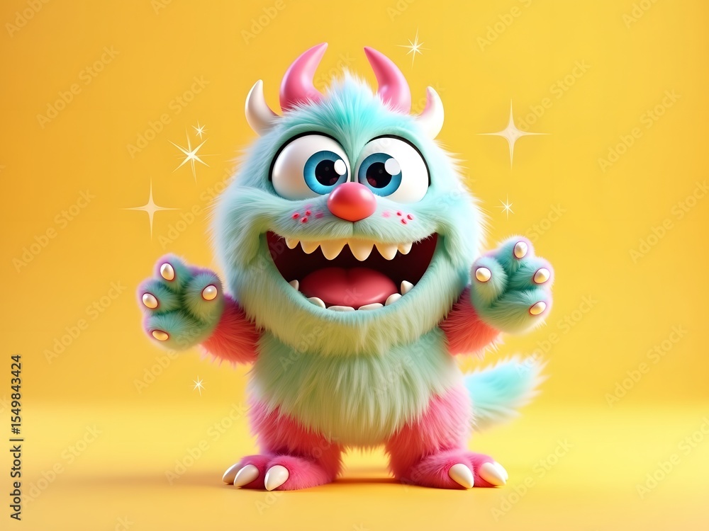 Cute Colorful Monster Character With Sparkles in Bright Background Cute Colorful Monster Character With Sparkles in Bright Background