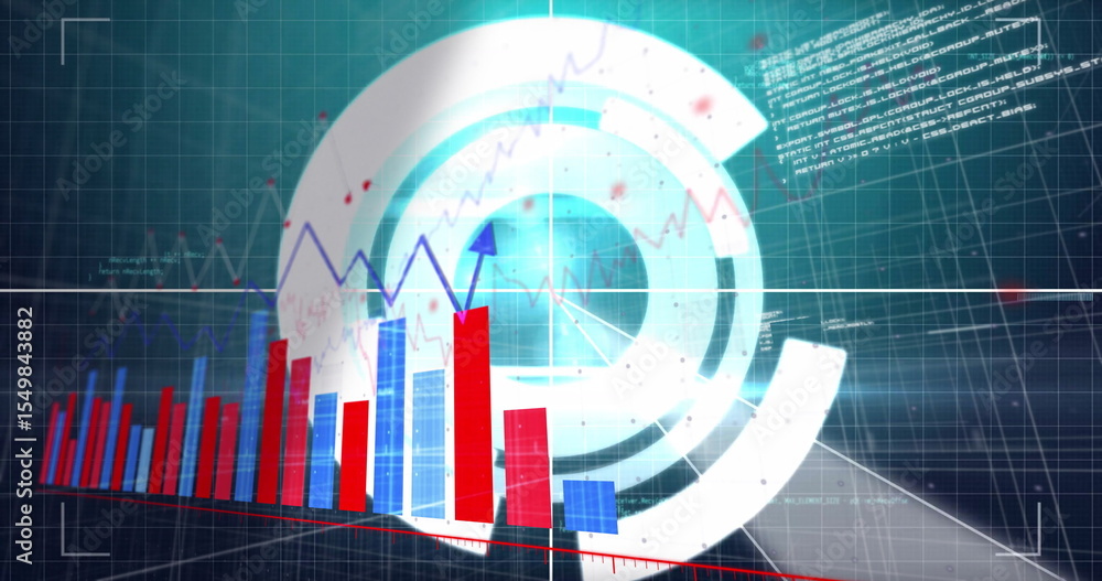 Fototapeta premium Showing data visualization running on grid panel, with red blue bar charts, arrow plot, HUD circles