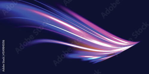 Abstract neon light motorway background. Light arc in neon colors, in the form of a turn. Magic bright shine glow of energy lines, shiny swirl power waves flow, electric trail glowing