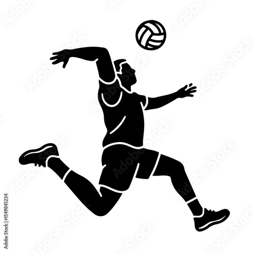 Black and white silhouette of a volleyball player spiking, vector illustration