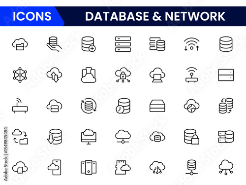 Sleek vector web line icons depicting database, network, server management, data storage, connectivity, and efficient digital infrastructure solutions.