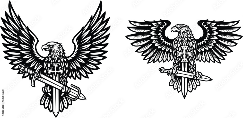 Obraz premium Two Heraldic Eagles Holding Swords with Spread Wings and Crosses Illustration