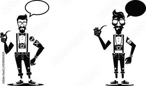 Two Hipster Men with Speech Bubbles, Pipes, Cameras, and Tattoos Illustration