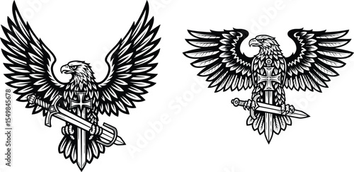 Two Heraldic Eagles Holding Swords with Spread Wings and Crosses Illustration