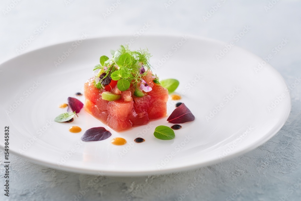 colorful elegant presentation of fusion cuisine plated with artistic flair surrounded by abundant copy space colorful elegant presentation of fusion cuisine plated with artistic flair surrounded by abundant copy space