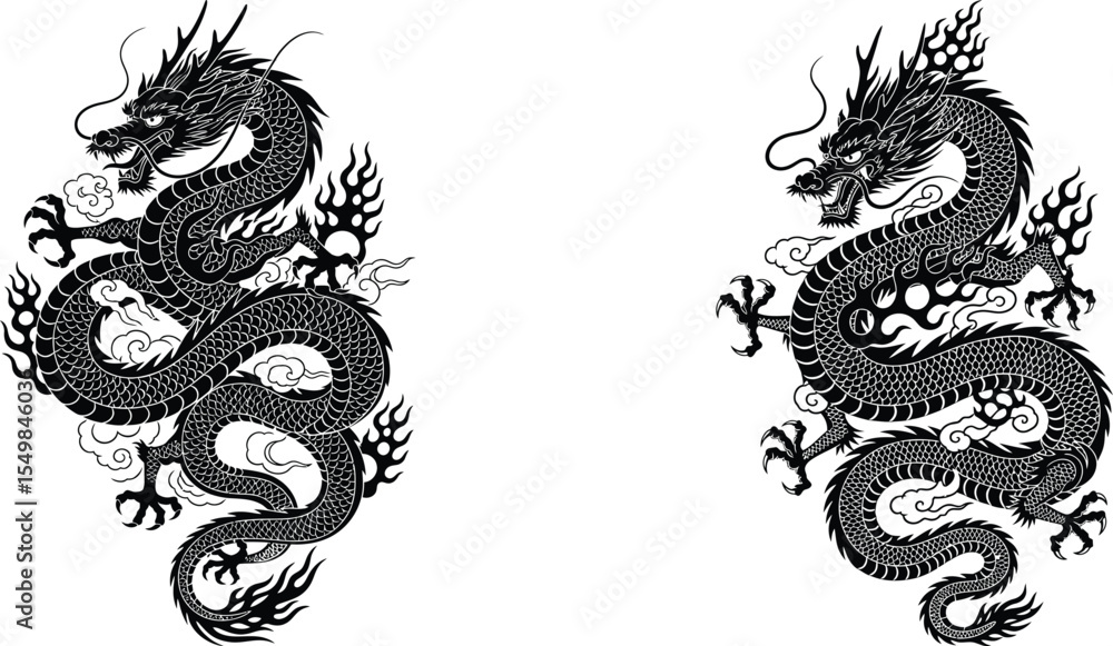 Obraz premium Two Intricate Dragons with Clouds and Flames Design Elements