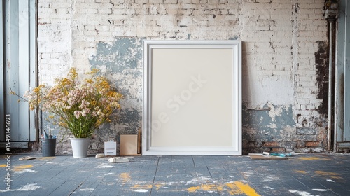 Empty white frame against a distressed brick wall.