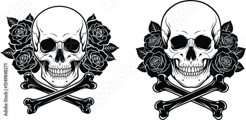 Two Skull and Crossbones Illustrations with Roses, Death Symbol Art