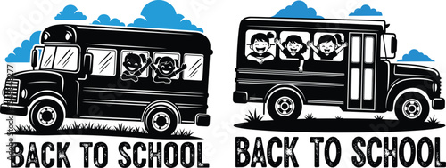 Two School Buses with Cheerful Children Back to School Illustration Design