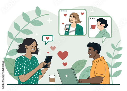 Concept art of people using dating apps, sending heart emojis, video calling or meeting for coffee