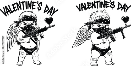 Valentine's Day Art Baby Cupid with Bandana Holding Weapon and Heart Outline