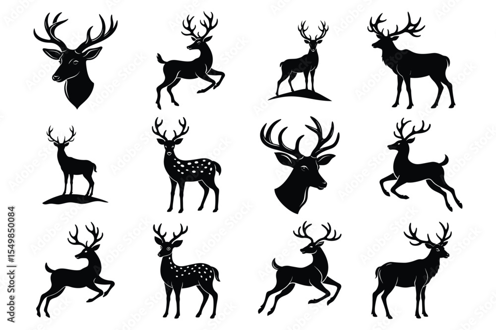 Fototapeta premium Set of majestic leaping deer silhouette vector illustration on white background.