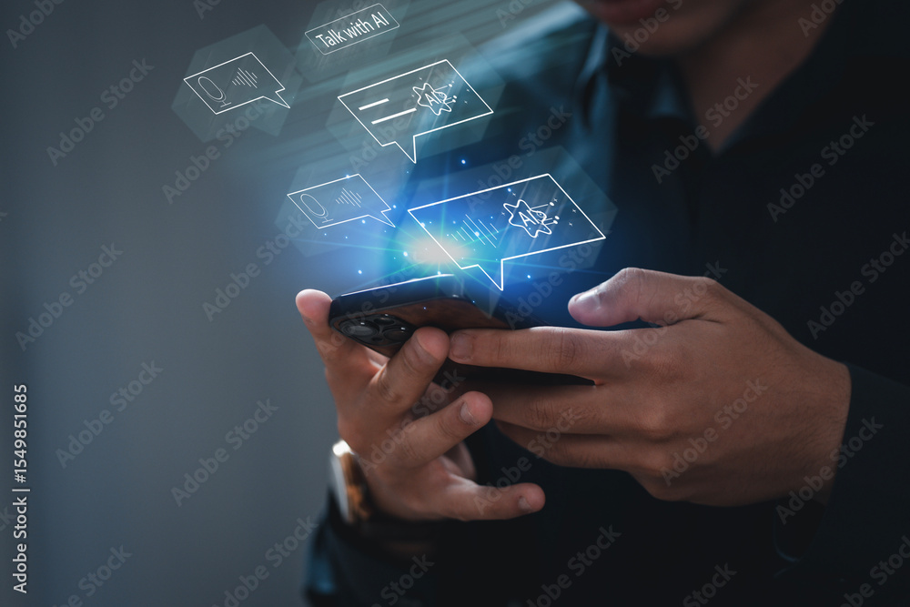 Digital AI chatbot, Happy man using mobile smartphone with AI chatbot for online information at home, conversation assistant. Chatbot Ai Artificial Intelligence technology concept. Digital AI chatbot, Happy man using mobile smartphone with AI chatbot for online information at home, conversation assistant. Chatbot Ai Artificial Intelligence technology concept.