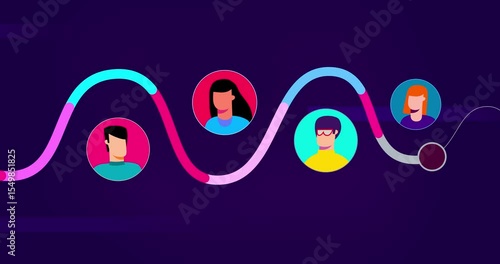 Four human heads animated with color sinusoid shape on violet. Men and women heads with gestures moves in color circles. Motion design video business explainer style info graphic moving illustration.