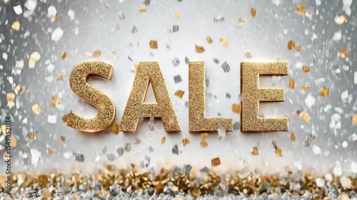 Golden sale sign surrounded by falling confetti in dramatic festive celebration