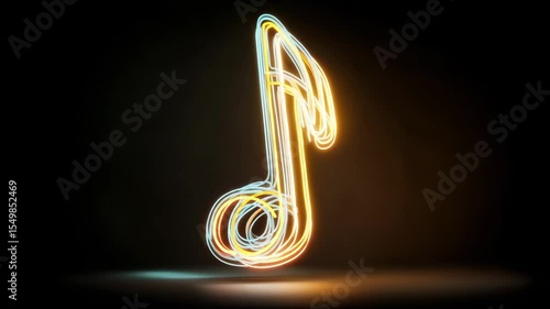 Glowing neon musical note animation in dark space with dynamic light effects
