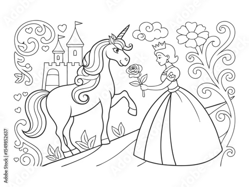 Fairy tale black and white vector princess with unicorn and rose