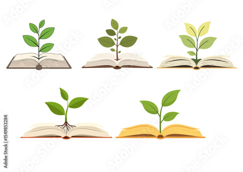 Open book with sprouting plant from the center, flat vector illustration symbolizing eco education and awareness on white