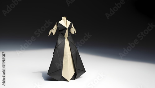 Elegant origami dress with black and beige paper in spotlight