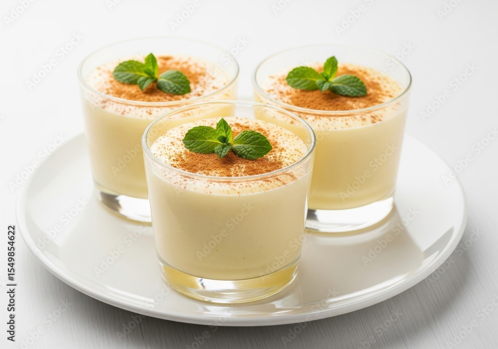 Vanilla Custard or Mousse Dessert in Glass Cups with Cinnamon and Mint on White Plate Vanilla Custard or Mousse Dessert in Glass Cups with Cinnamon and Mint on White Plate