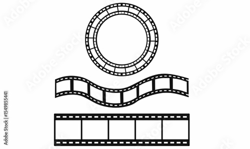Set of black film strip icons. round reel frame, wavy tape, and straight filmstrip. Ideal for cinema, video editing, retro media, or filmmaking related designs and icons.