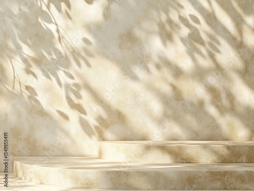 Beige Platform with Leaf Shadows, Product Display, Mockup Product Photography, Minimalist
