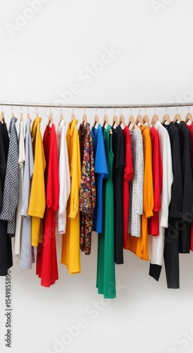 Assortment of diverse colorful clothing on hangers. Retail display or wardrobe organization. Fashion collection for sale.