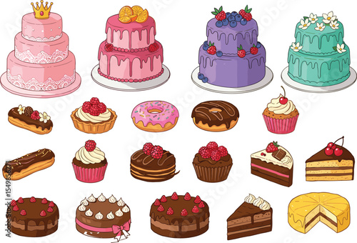 Colorful cake collection, assorted pastries, decorated desserts, bakery illustration, sweet treats, cupcakes, tiered cakes, donuts, icing details, chocolate, berries, cartoon style