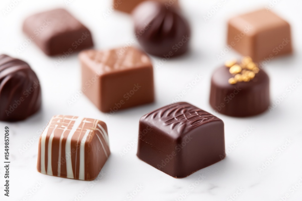 capture luxurious assortment of fine chocolates elegantly arranged on pristine white background capture luxurious assortment of fine chocolates elegantly arranged on pristine white background