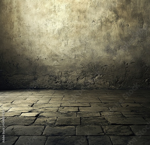Dark, grungy background with a dirty wall and floor, cobblestone ground.