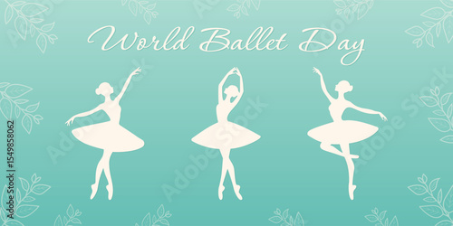 Ballet Day Poster with Graceful Ballerinas in Silhouette Flat Vector.