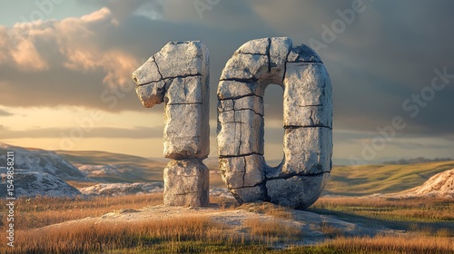 Giant Cracked Limestone Number 10 in Ancient Archaeological Site - Realistic Stone Monument