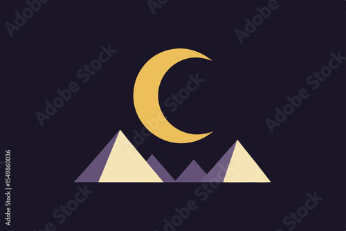 Night Landscape Crescent Moon over Mysterious Pyramids