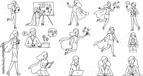 Business superwoman concept line drawing hand drawn illustration.
