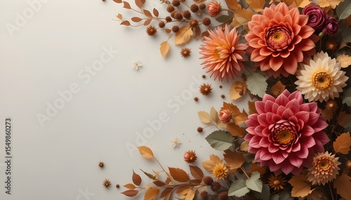 Elegant autumn floral arrangement with dried flowers and leaves, ideal for seasonal greeting cards, fall promotions, botanical backgrounds, and rustic nature visuals