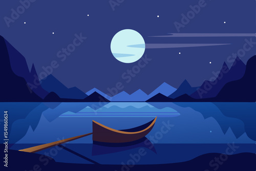 Serene Night Moonlit Lake with a Small Boat, Peaceful Landscape Illustration